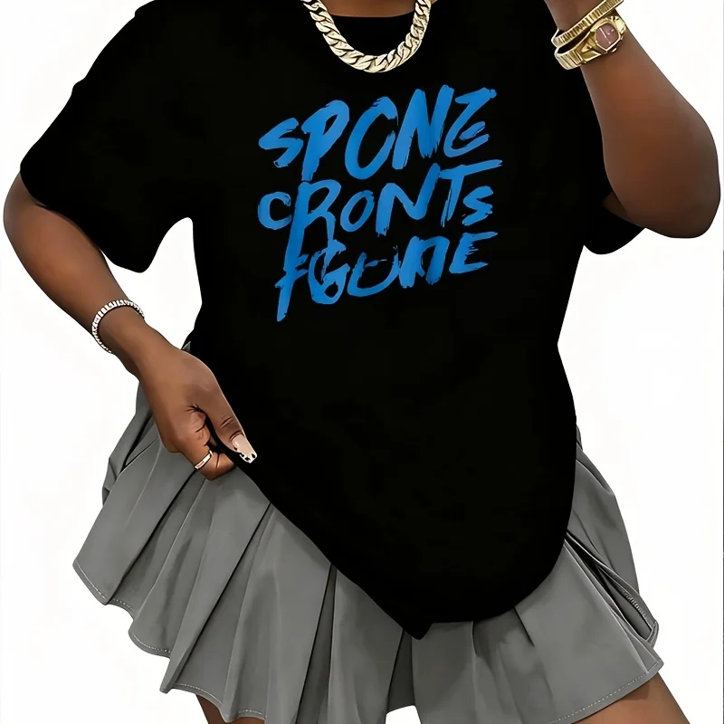 With Bold Handwritten Spong Cronts Figure Graphic Women's 100% Cotton T-Shirt Short Sleeve Top Casual Round Neck Fun Print Tee S-5Xl