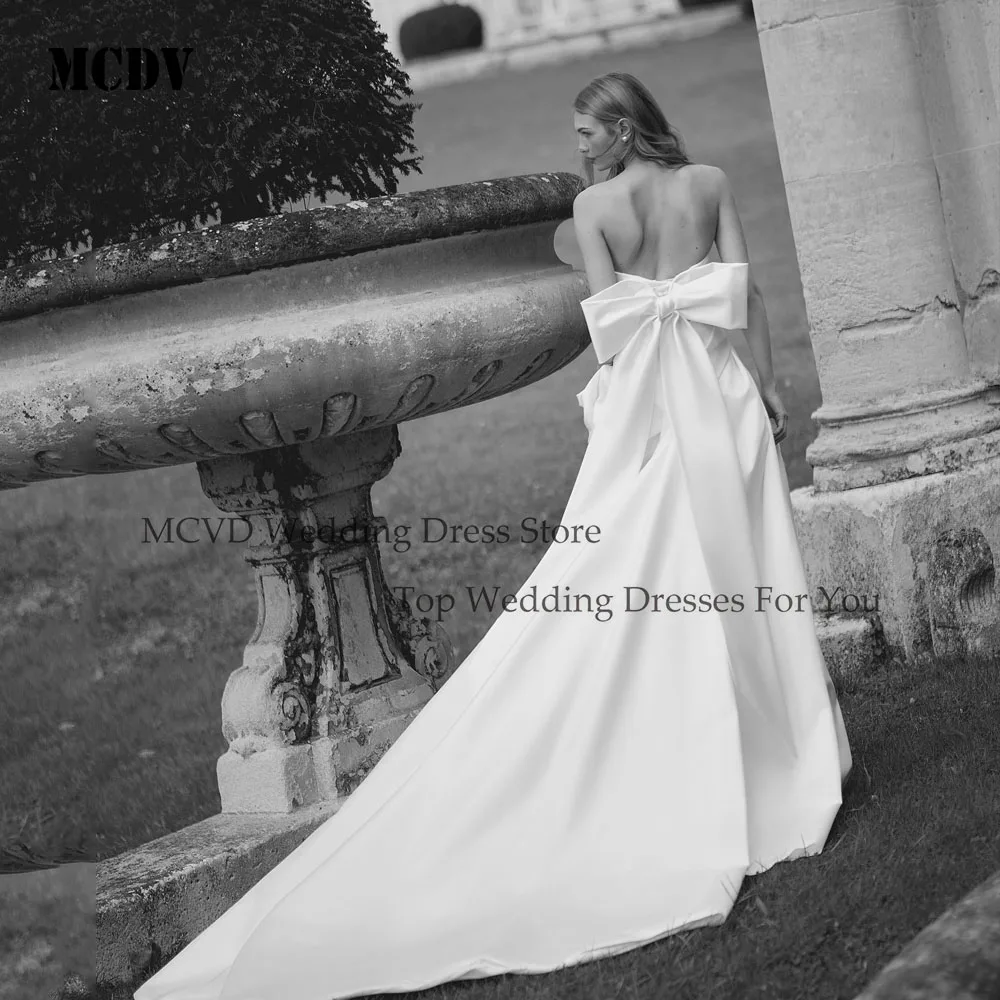 MCDV robes De mariée sans bretelles pour femmes mariée avec nœud dos nu Satin bouton dos plissé Robe De Mariée personnalisé personnalisé