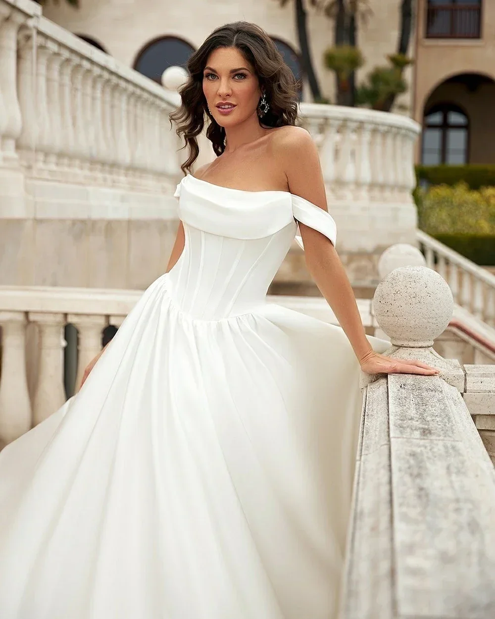 

Элегантное атласное свадебное платье с открытыми плечами, свадебное платье с корсетом, бальное платье принцессы с длинным шлейфом, Vestido De Novia по индивидуальному заказу