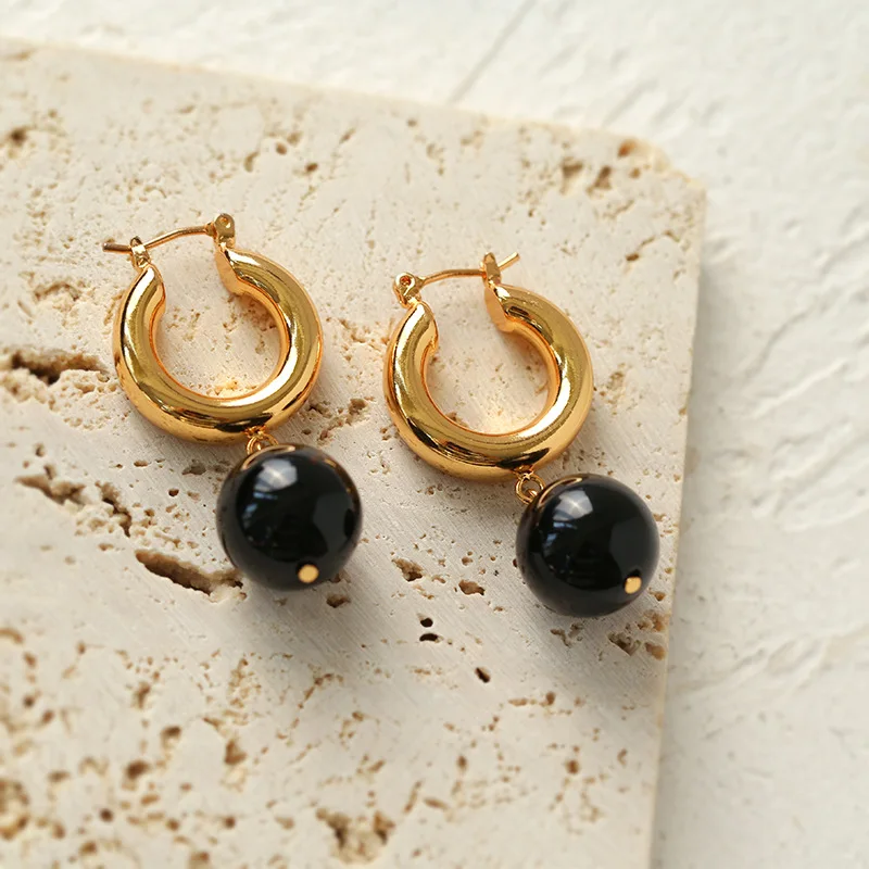 Brass With 18K Natural Black Jade Ball Drop Earrings Women Jewelry Punk Party T Show Gown Runway Trendy  Korean Japan Israel INS