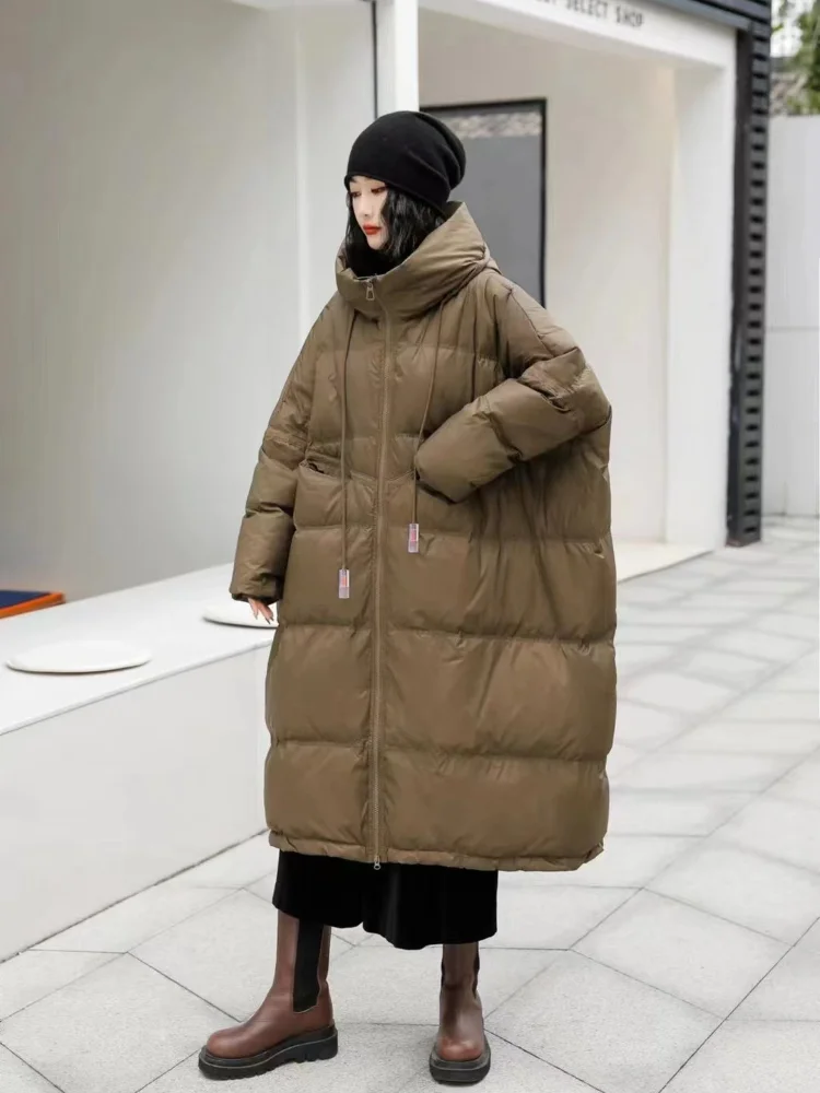 Winter Hooded Drawstring Loose Puffer Jacket Women Solid Oversize Casual Silhouette Long White Duck Down Warm Coat 2024 New Coat