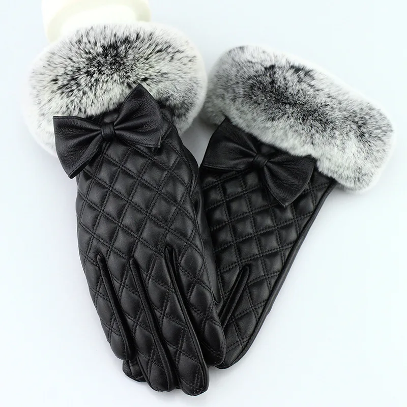 100% quality real rex rabbit fur gloves cute bow women's genuine sheepskin red gloves luva feminina inverno