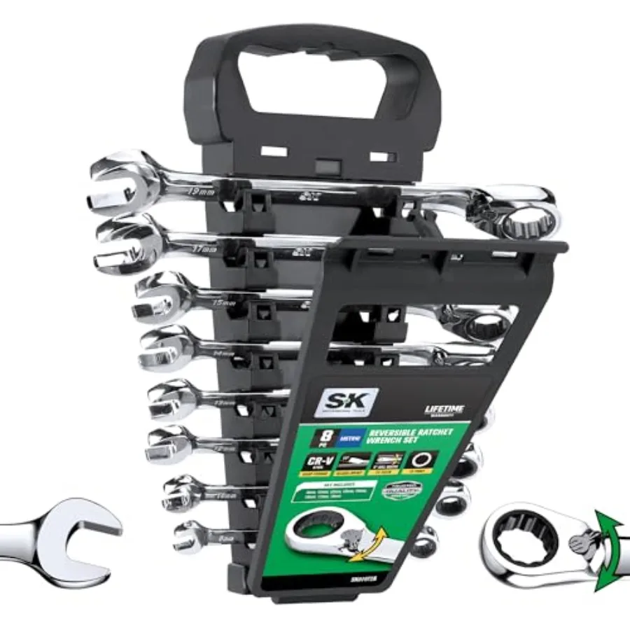 

Reversible Ratcheting Wrench Set, Combination Wrench Set, 8-Piece, Metric, 72-Tooth, Premium CR-V Construction, with Rack Organ