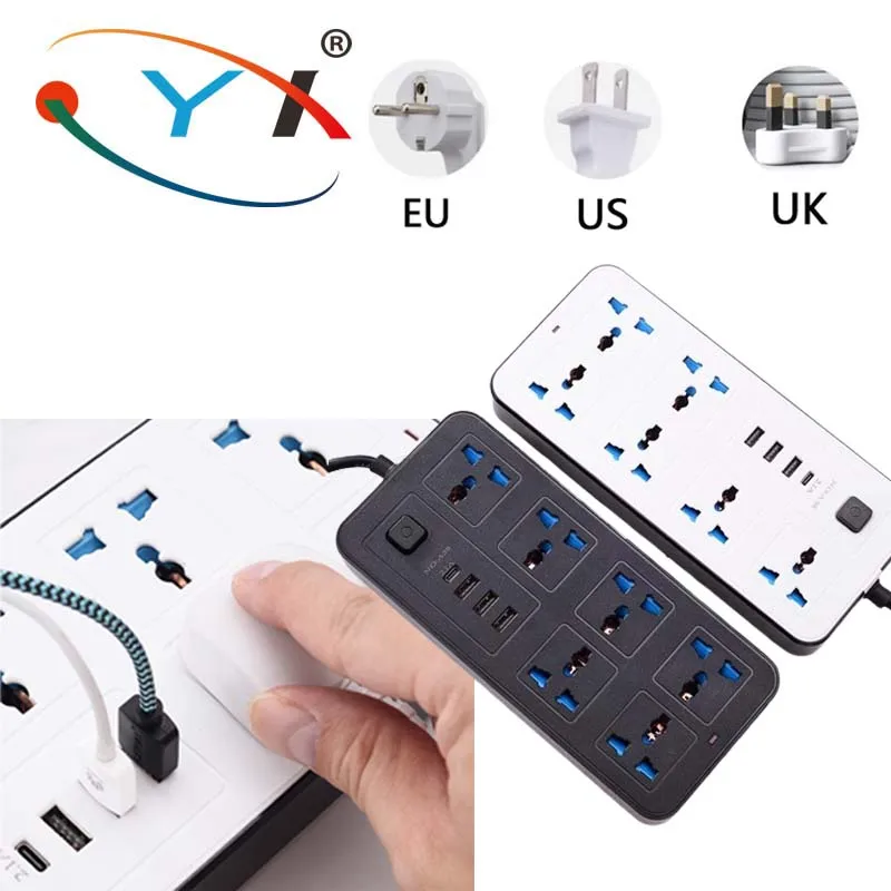 Univeras 멀티탭 익스텐션 코드 전기 소켓, 멀티탭 AC 콘센트, C타입 USB 포트 충전 어댑터, EU 미국 영국 플러그, 2m
