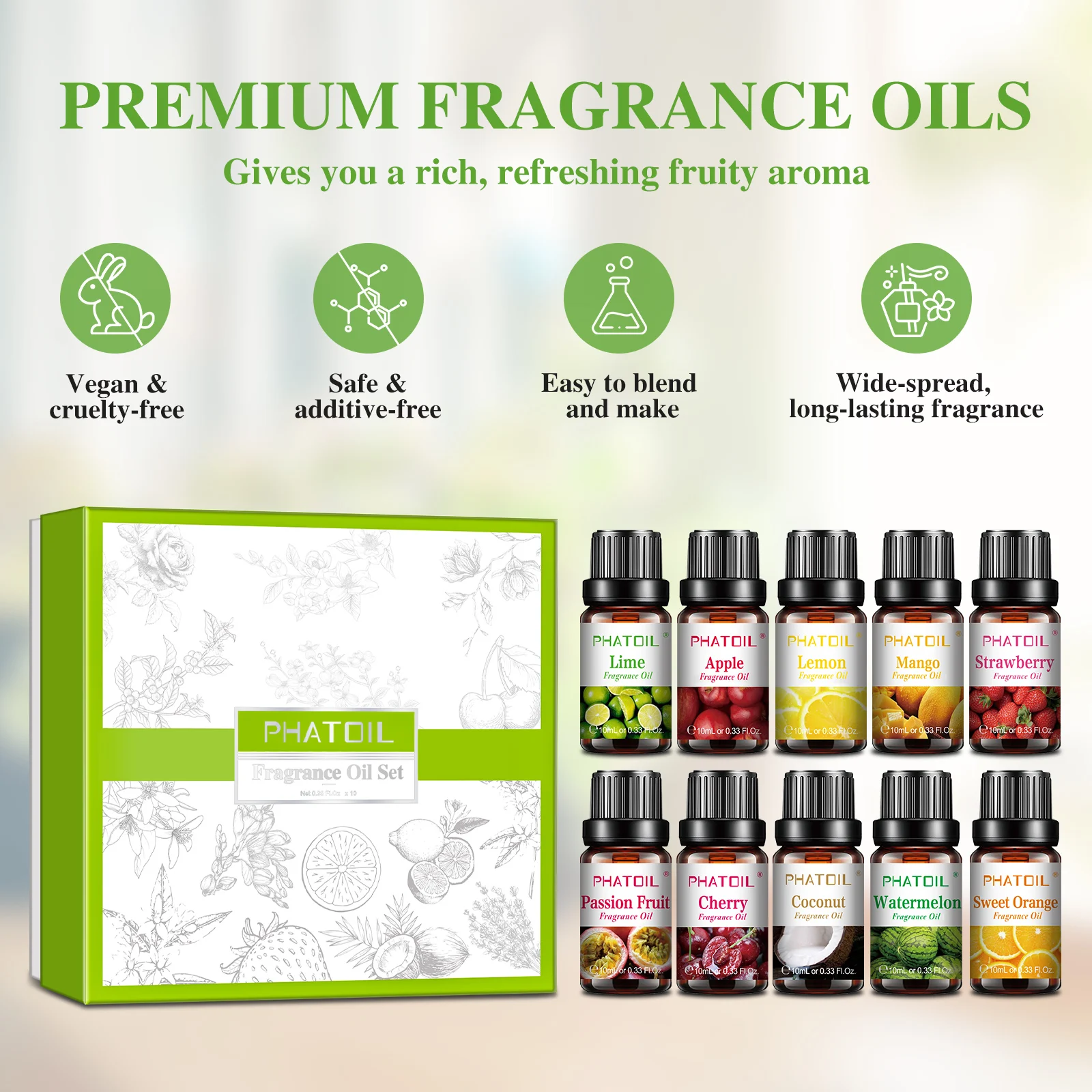 PHATOIL 10 Bottles Fruity Fragrance Oils Gift Set For Diffuser Aromatherapy-10ml Mango Lemon Strawberry Apple Lime Sweet Orange Cherry Coconut Watermelon Passion Fruit Long Lasting Scents Oil for Candle & Soap Making