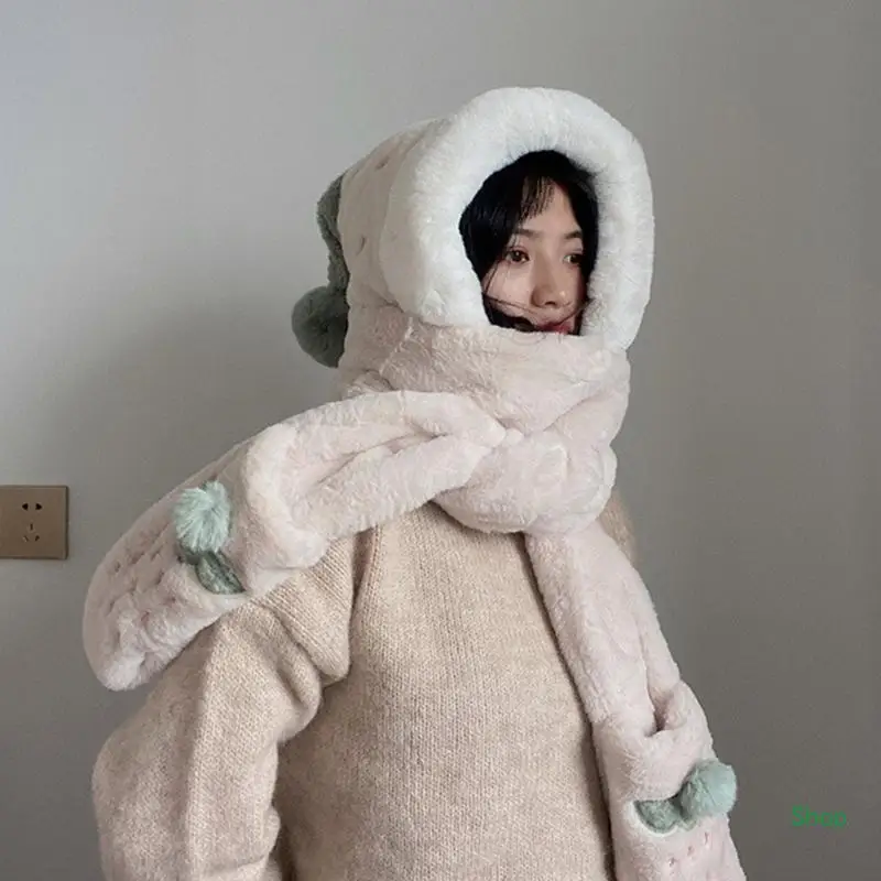 Dropship One-piece Wrap WARM Plush หมวกผ้าพันคอถุงมือ One-piece หมวกผู้หญิงฤดูหนาวหนาหมวกผ้าพันคอถุงมือ Keep WARM