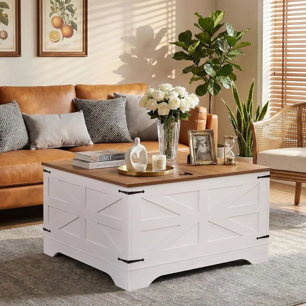 

Современный журнальный столик-трансформер с подъемной столешницей, 31,5 дюйма (квадратный), для гостиной, белый деревянный стол с скрытым отсеком и газовым амортизатором