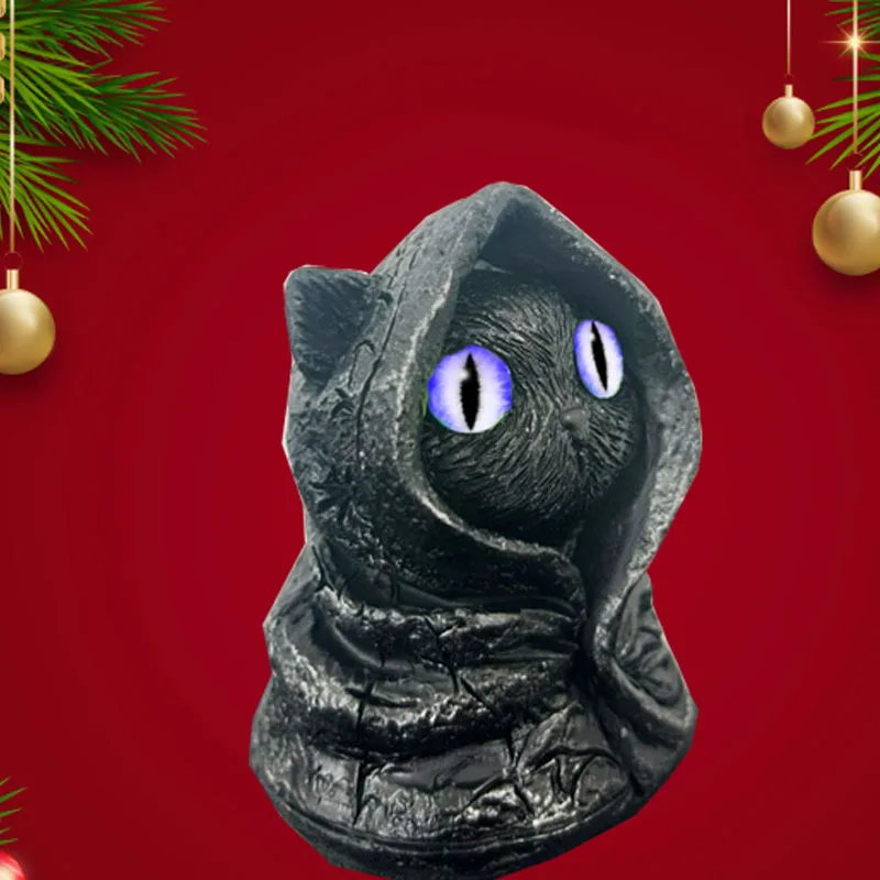Cartoon Mystical Hooded Cat Statue Figurine with Hooded Cloak Mystical Green Eyed Cat Statue for Home  Halloween Decoration Gift