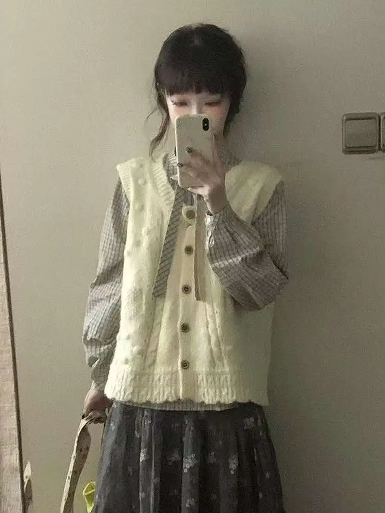 

Sweet Preppy Sle Long Sve irt Вязаный жилет с галстуком-бабочкой Комплект из двух предметов Осенний повседневный женский комплект из смеси полиэстера Faion