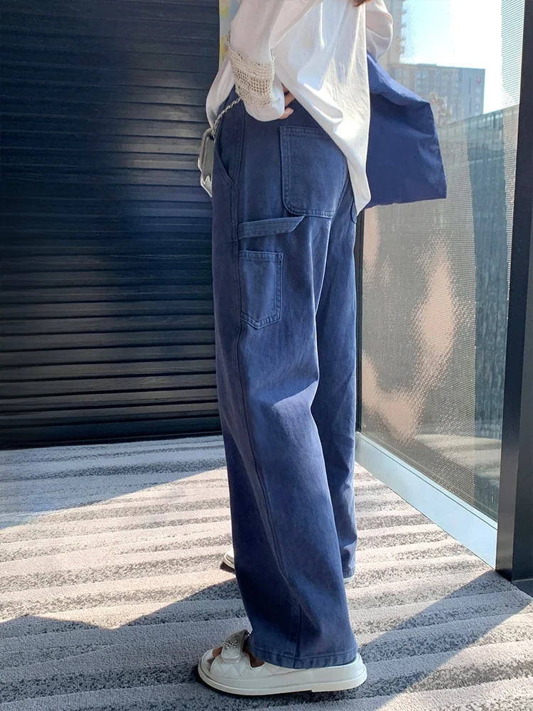

Винтажные синие прямые джинсы из хлопка свободного кроя, скрывающие недостатки фигуры, универсальные брюки в стиле «папины», рабочие брюки из чистого хлопка для женщин