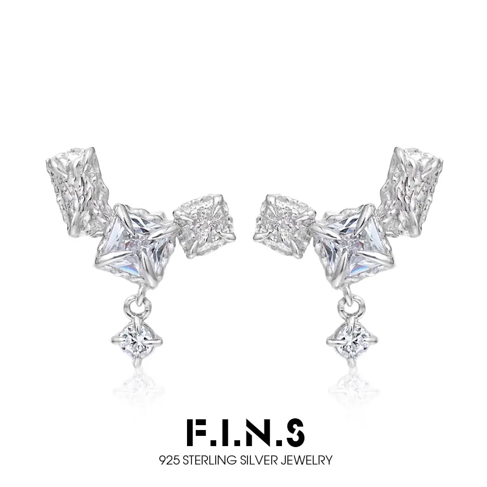 

F.I.N.S Original Minimalist S925 Sterling Silver Stud Earrings Versatile Geometric Square Zircon Uneven Piercing Ear Fine Jewel