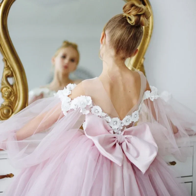 Vestidos de niña de flores, tul rosa, apliques blancos con lazo, manga larga para boda, fiesta de cumpleaños, vestidos de primera comunión