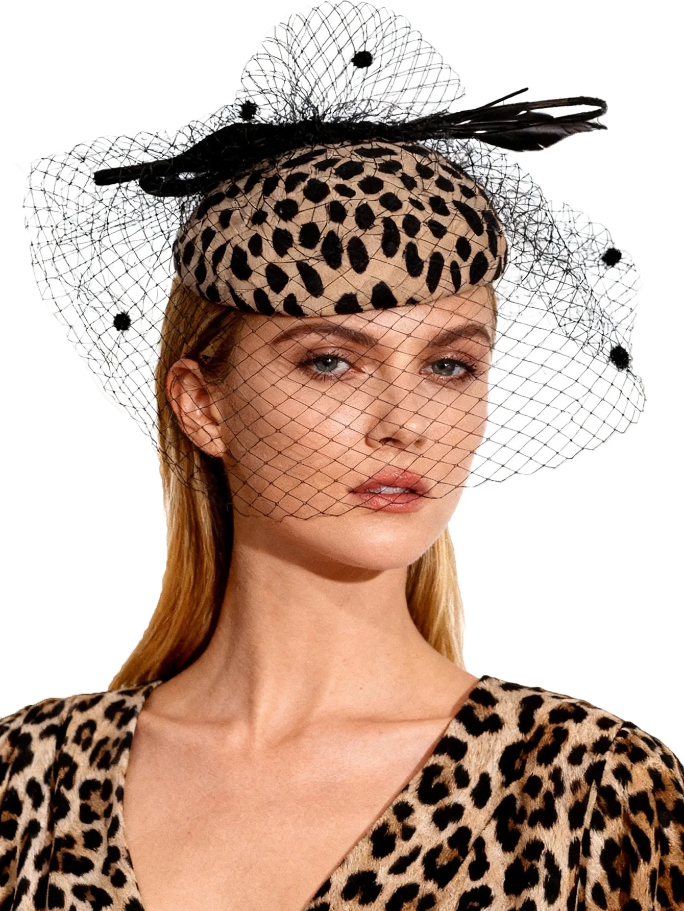 Black Leopard 100% Wool Felt Fascinators Hat Elegant Women\'s Party Cocktail Church Wedding Bow Feather Veil Formal Hat