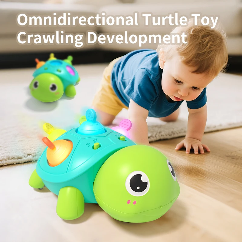 Electric Baby Crawling Turtle Toy, Universal Moving Pop Bubbles, LED Light Music White Noise Tummy Time Teething Toy