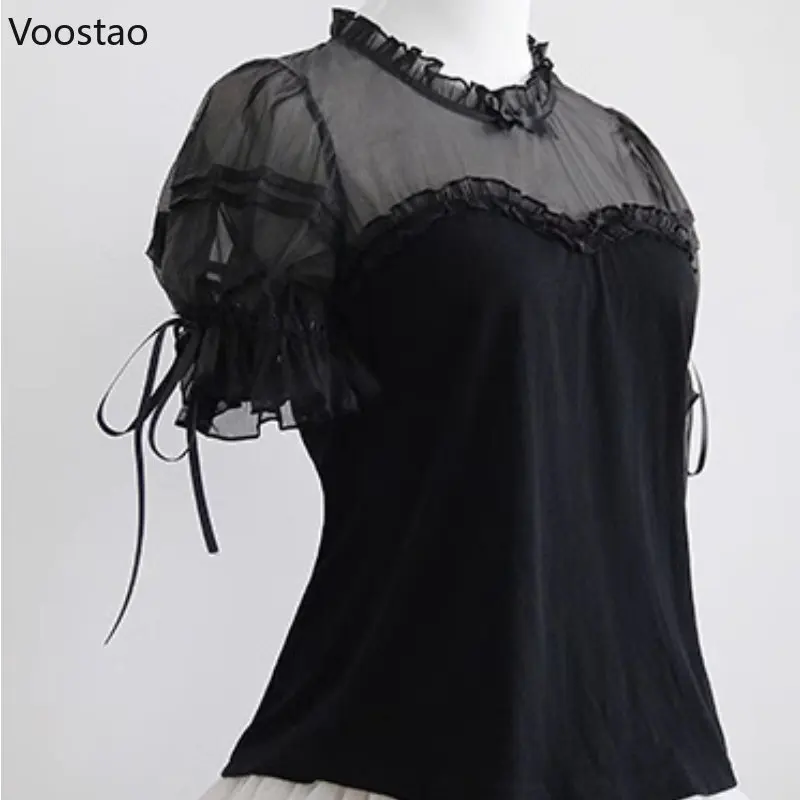 Vintage Gothic Elegant Lolita Blouses Summer Women Japanese Kawaii Lace Ruffles Mesh Bow Chiffon Shirt Girls Sweet Inside Tops