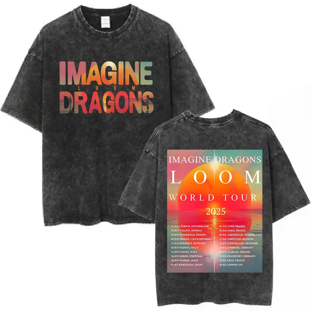 

Imagine Dragons Band Loom World Tour 2025 Vintage Washed T Shirt Men Women Clothes Fashion Hip Hop T-shirt Cotton Loose T-shirts