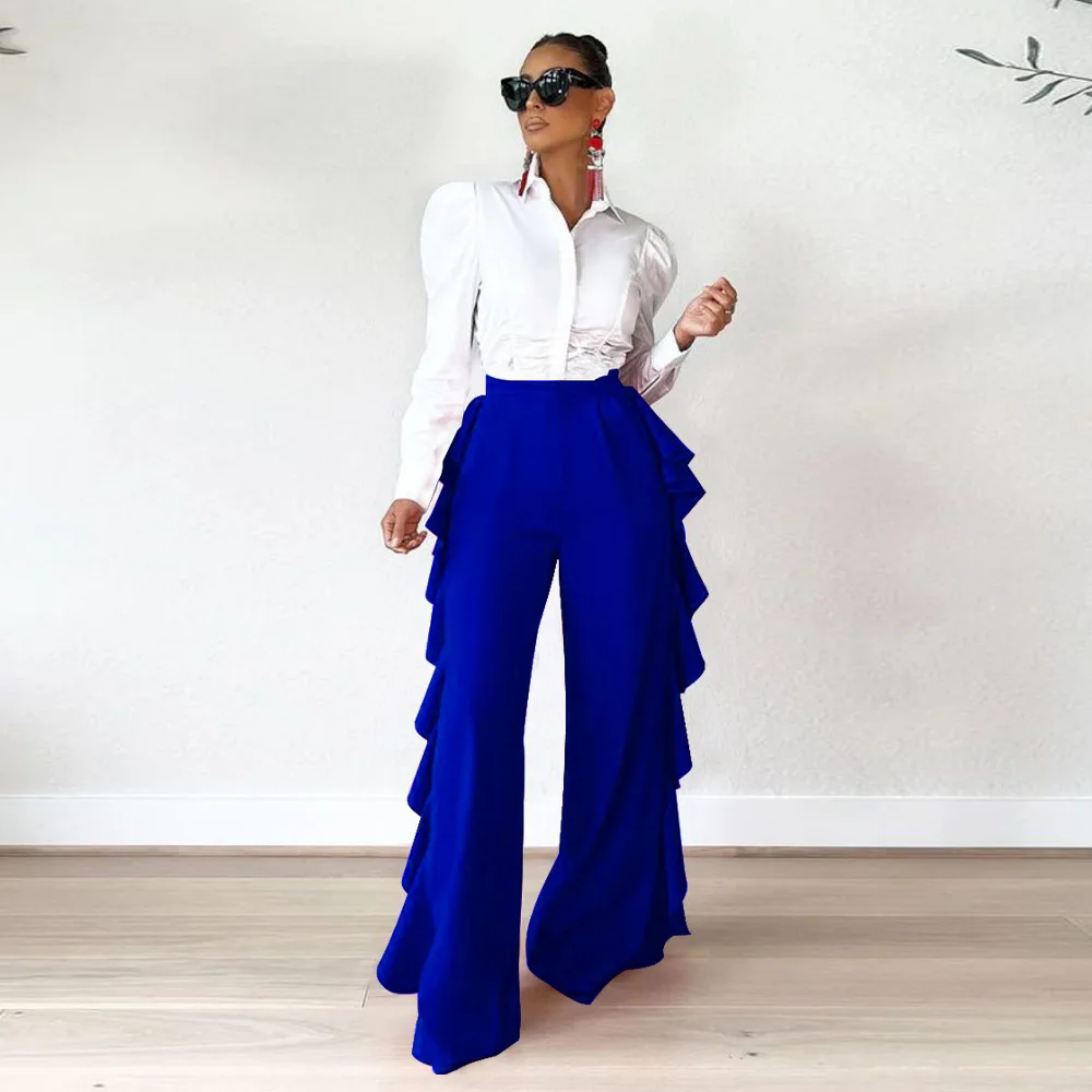 2024 New Women\'s Fashion Sexy Solid Color High-waisted Elastic Flounce Ruffled Wide Legs Pants Elegance Casual Trousers