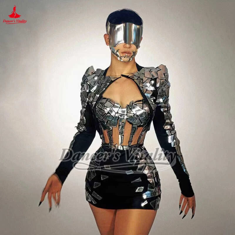 Photography Studio Nightclub DJ Bar Mirror Fragment Hollow Out Two-piece Skirt Women Social Media Anchor Stage Outfit Customize