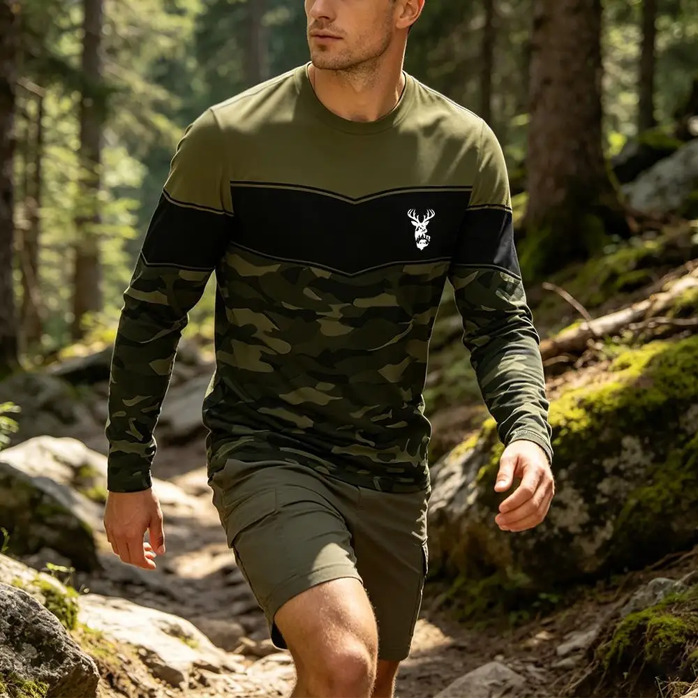 

Outdoor Hunting Camouflage Print Long Sleeve T-shirt Men's Hiking Camping Breathable Sportswear Deer Graphic Cozy Casual Tops
