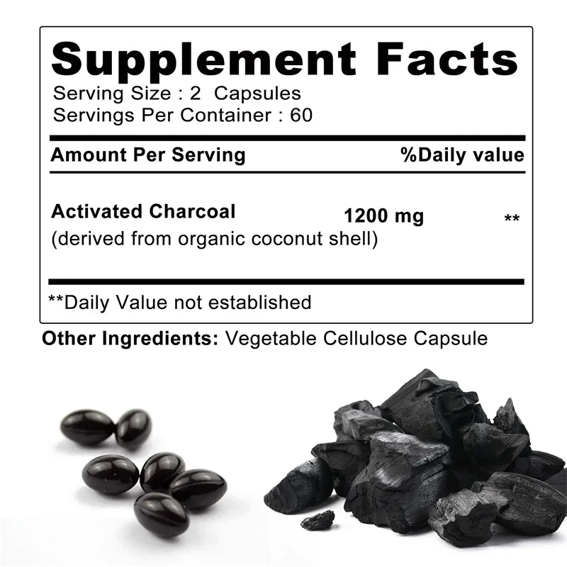 Organic Coconut Activated Charcoal Capsules - Relieve Bloating and Detoxify The Body, Support The Intestines, Whitening Teeth