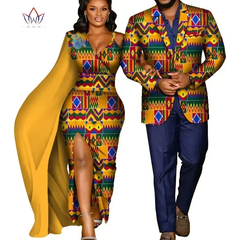 Bintarealwax African Print Clothes for Couple Dashiki Elegant Women Party Dresses Plus Size Men Jacket African Clothing WYQ635