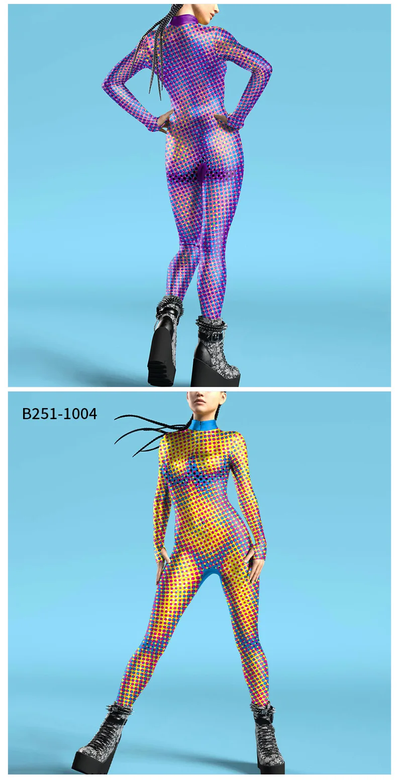 Futuristische Technologie Punk-Roboter Damen-Jumpsuits Kleidung Bunter Texturdruck Zentai-Bodysuit Cosplay-Kostüm Halloween-Outfit – Detail 7