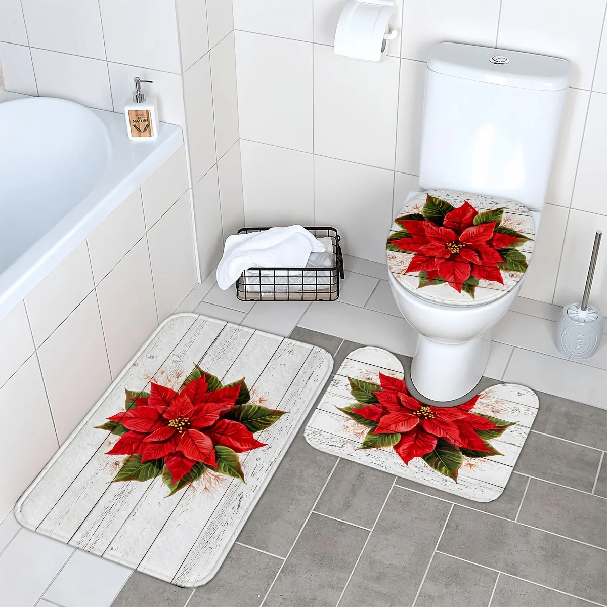 

3 шт. украшение для ванной комнаты с рождественским цветком Poinsettia, полиэфирная ткань, можно стирать в машине, U-образный коврик, нескользящее сиденье для унитаза