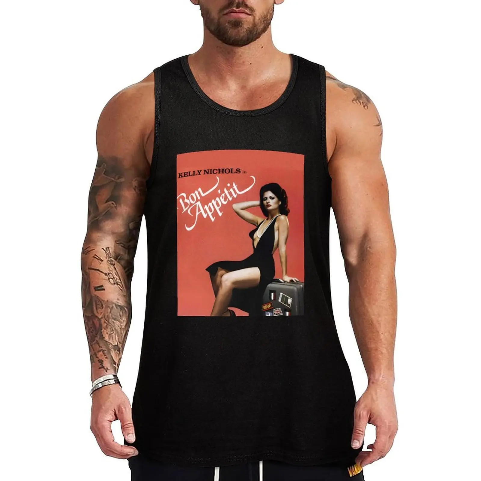 Camiseta sin mangas de tela elástica informal con diseño de película vintage para adultos BON APPETIT de 1980