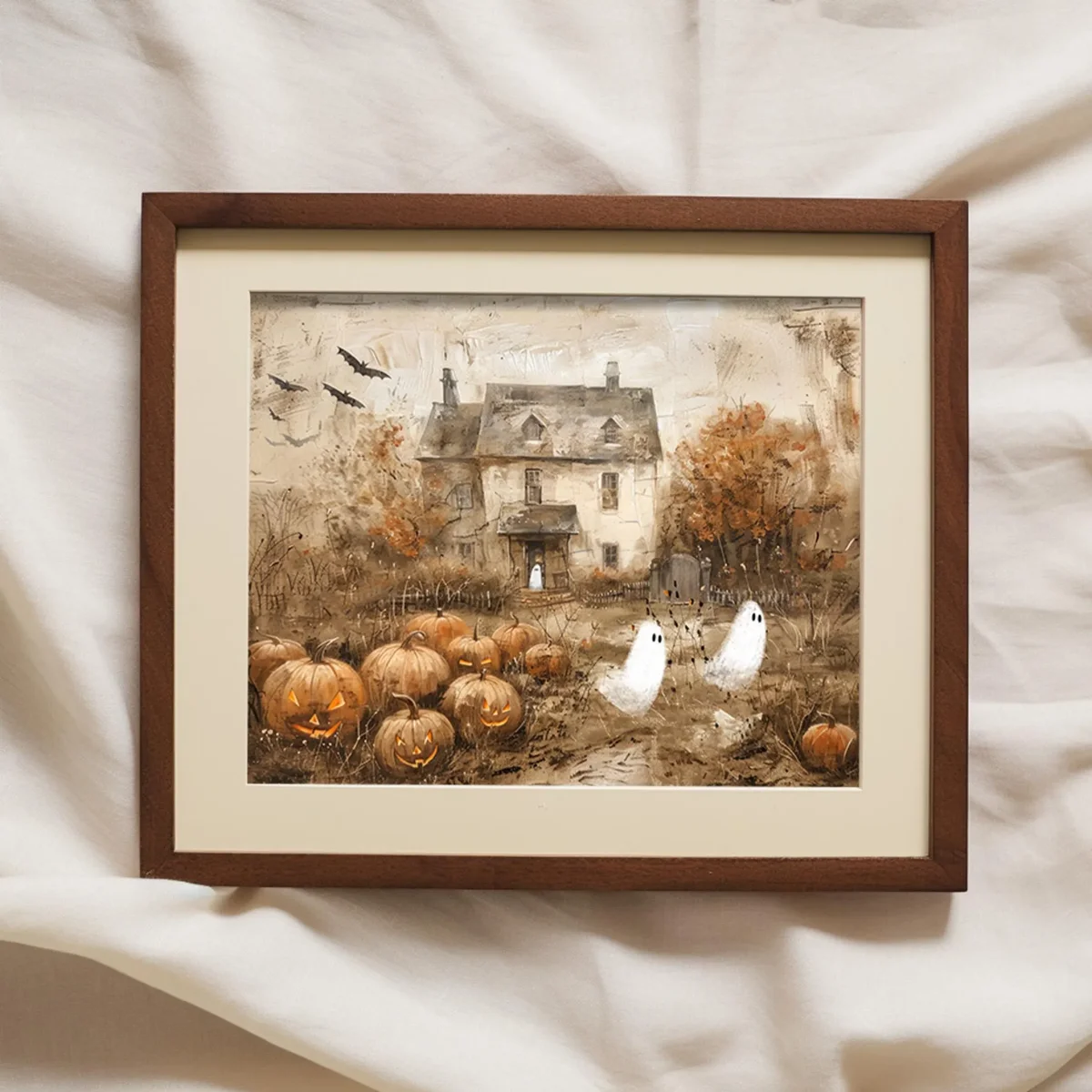 Cute Ghosts Haunted Farmhouse Canvas Prints Poster Pooky Pumpkin Patch Halloween Art Prints Fall Wall Art Home Decor Art Poster