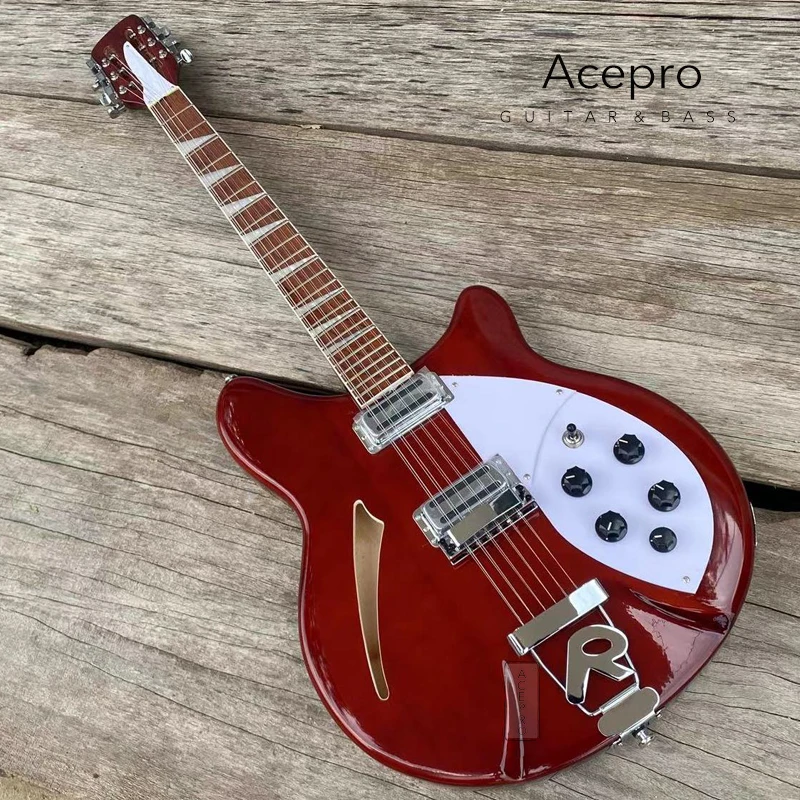 Gitar listrik Semi Hollow 12 senar warna merah anggur, bagian belakang berbentuk R, papan jari Rosewood, gitar kualitas tinggi