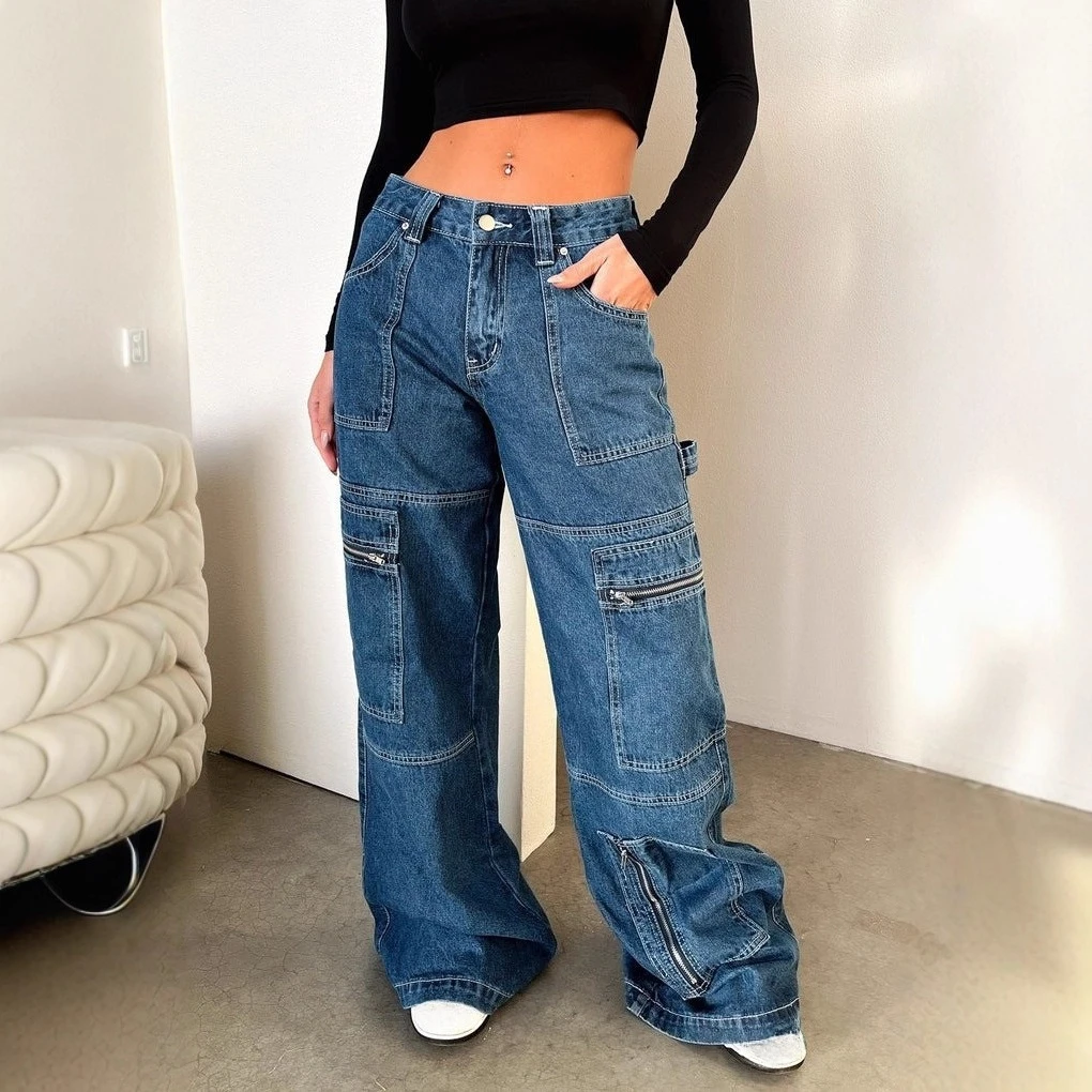 Fashion Baggy Jeans Denim Cargo Pants Womens Vintage Multi Pocket High Waist New Harajuku Gothic Wide Trouser Streetwear