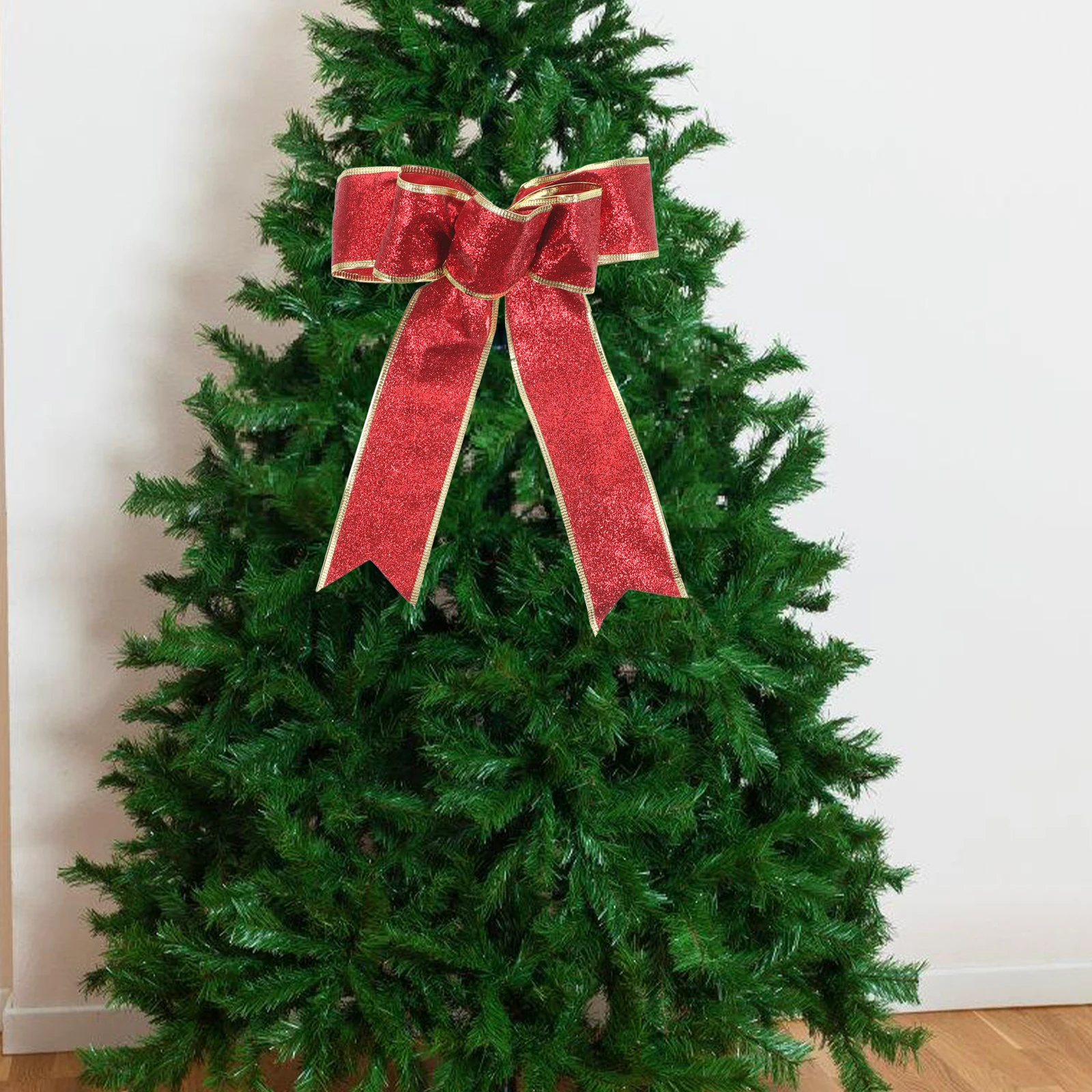 

5pcs Glitter Christmas Tree Ribbon Knots Fabric Decorative Bows For Tree Wreath Door Wall Stair Fireplace Decoration Red