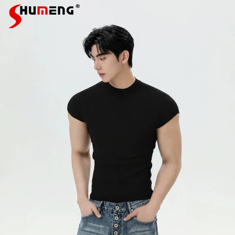 

2026 Men's Summer New Fashion Slimming Tees Ice Silk Cool Knitwear Short-sleeve Tops Sports Fitness Breathable Stylish T-shirts