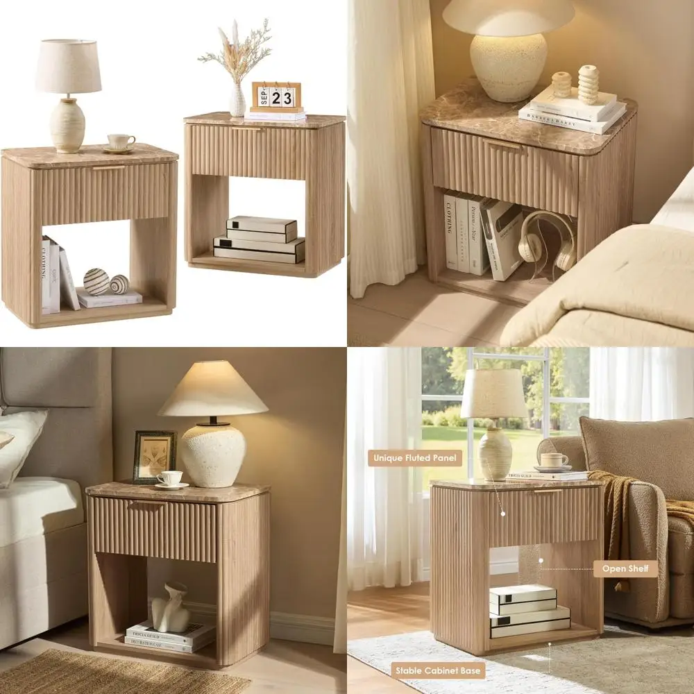 Par de mesitas de noche con tapa de mármol: mesitas de noche modernas de madera maciza con cajón y estante abierto