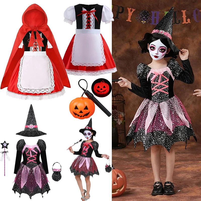 

2-12Y Little Red Riding Hood Witch Cosplay Dress Halloween Costume Dress +Hats+wands +bags Children's Clothes Party Gift