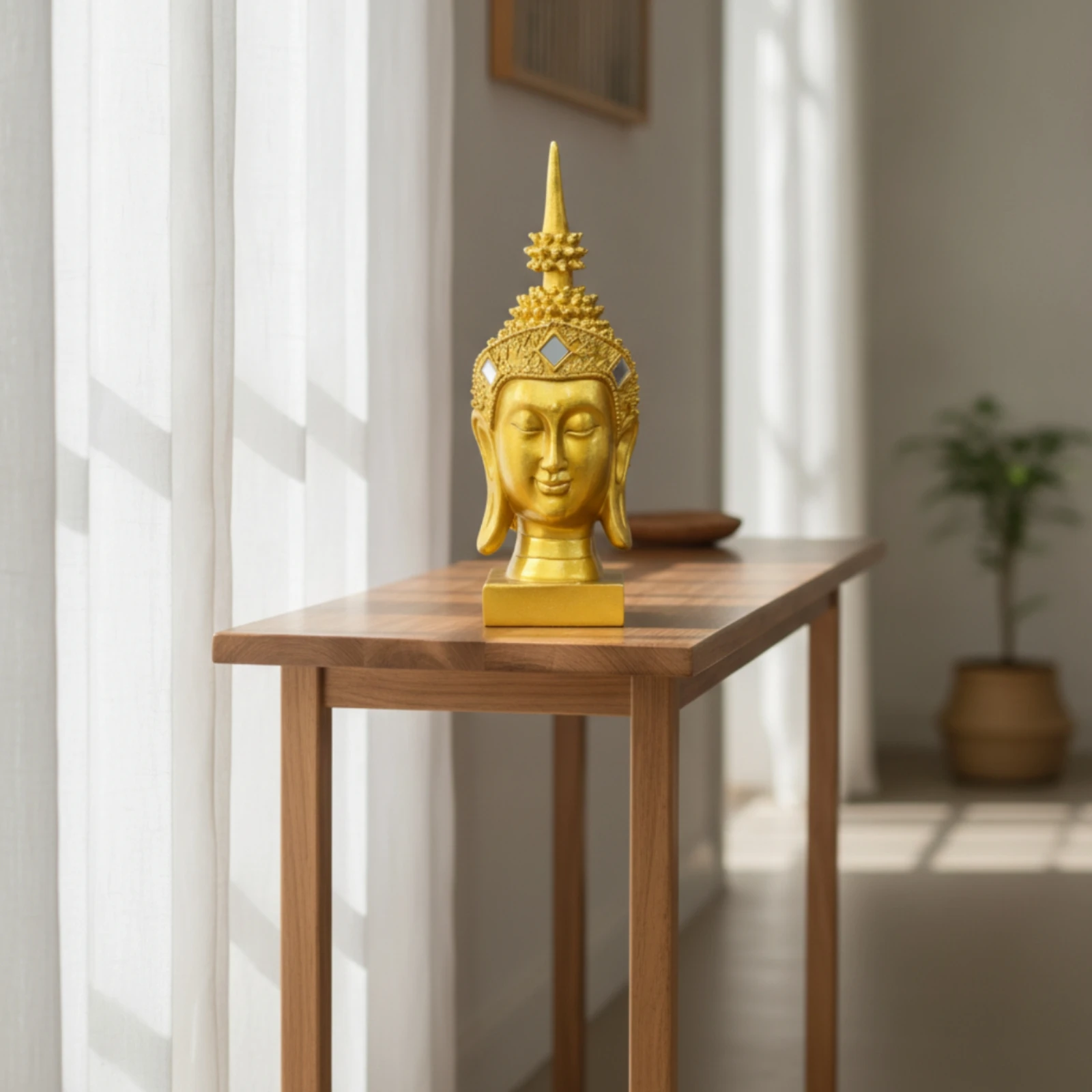 Statue de tête de Bouddha dorée, finition dorée, sculpture de tête de Bouddha, ornement de table, sereine pour les meditateurs, coin de méditation