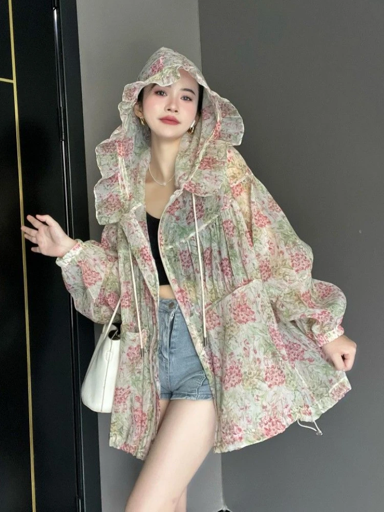 

Chic Print Sweatshirt Women Hooded Jackets Ruffles Sweet Streetwear Zip Long Sleeve Summer Sun Protective Clothing Lightweight