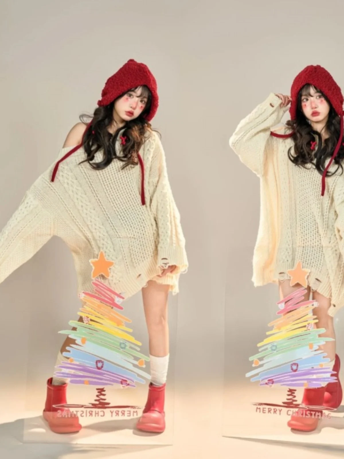 

New Lazy Style Christmas Theme Photography Sweater Studio Photo Shoot Ambiance Costume Artistic Girl Portrait Photography