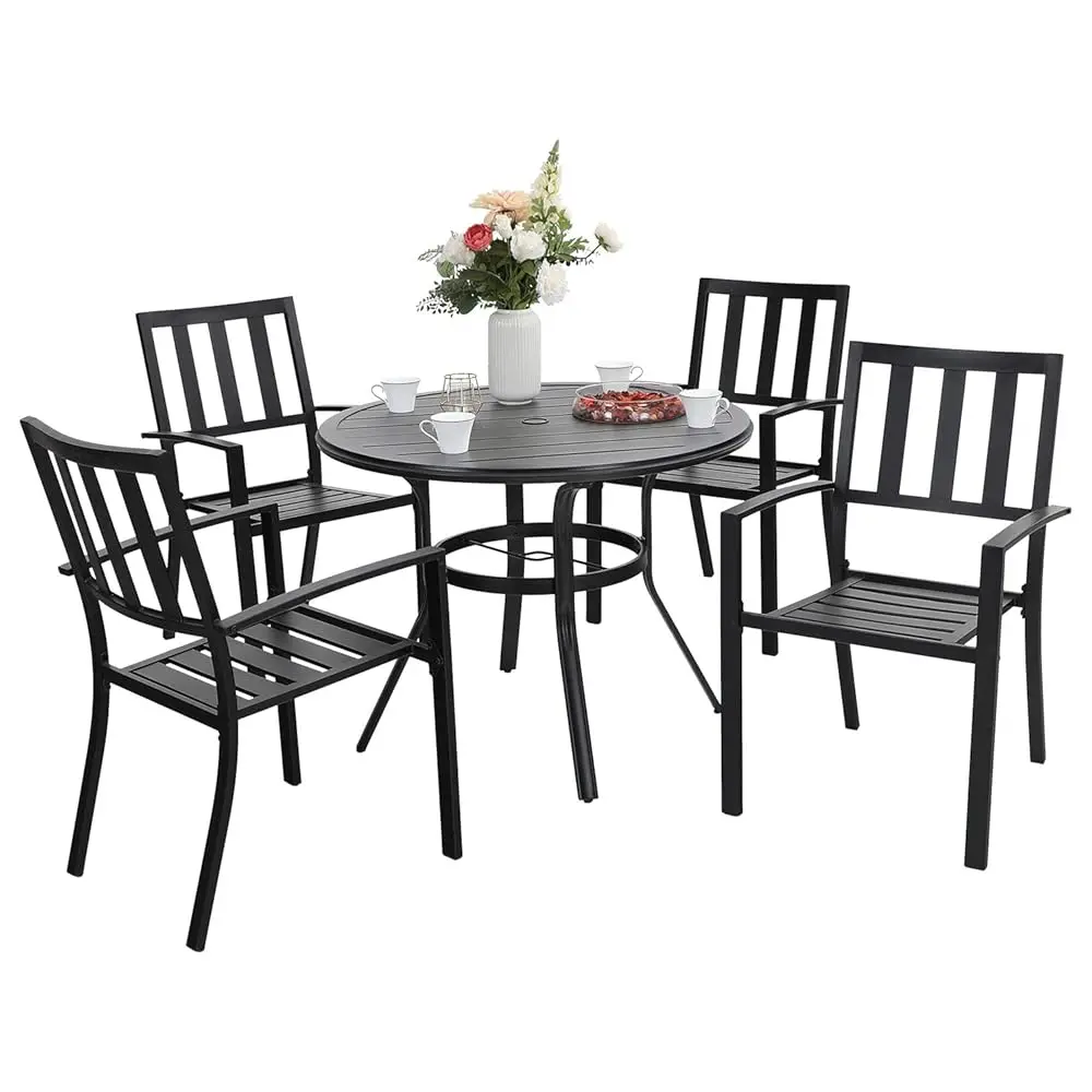 

Обеденный набор для патио, 5-компонентный набор мебели для уличного стола с 4 металлическими штабелируемыми обеденными стульями и 1 круглым столом для бистро