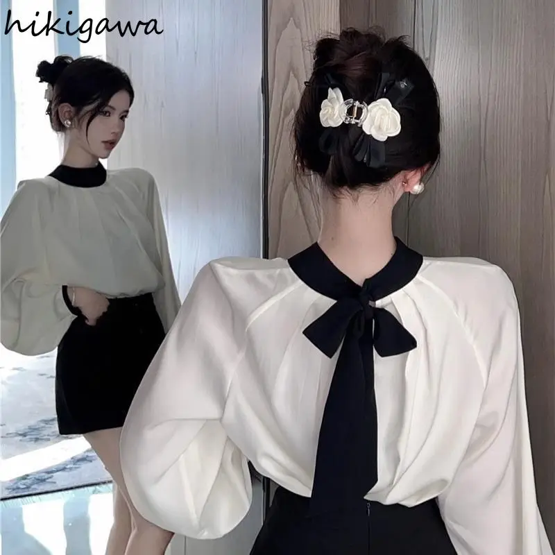 Temperament Lady Tops Vintage Blouses for Women 2024 Blusas Mujer De Mida O-neck Lantern Sleeve Loose Bandage Bow Blouse Shirts