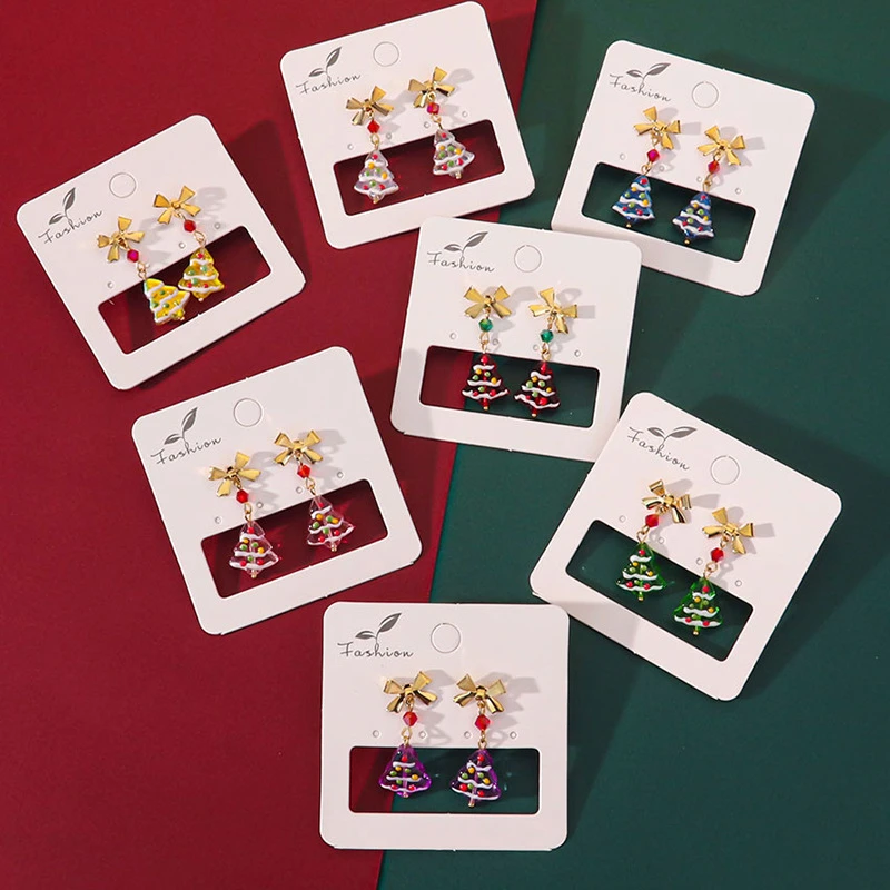 

Colorful Bowknot Christmas Tree Stud Earrings for Women Charm Xmas Plant Glass Drop Earring Fashion Festival Party Jewelry Gift