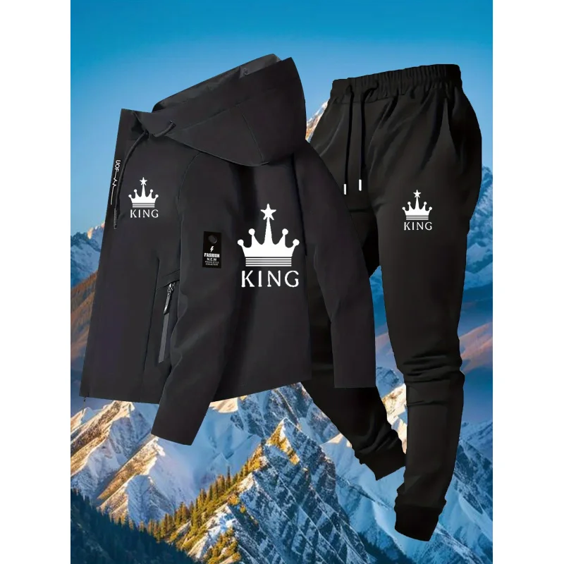 

Мужской высококачественный модный весенне-осенний комплект: водонепроницаемая куртка с капюшоном и принтом, удобные спортивные повседневные брюки
