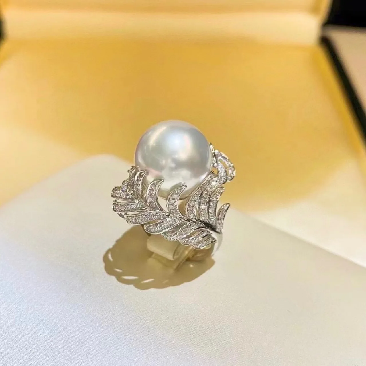 S925 Silver Natural Edison Pearl Ring,11-13mm Pearl Exquisite Feather Zircon Adjustable Women Statement Ring