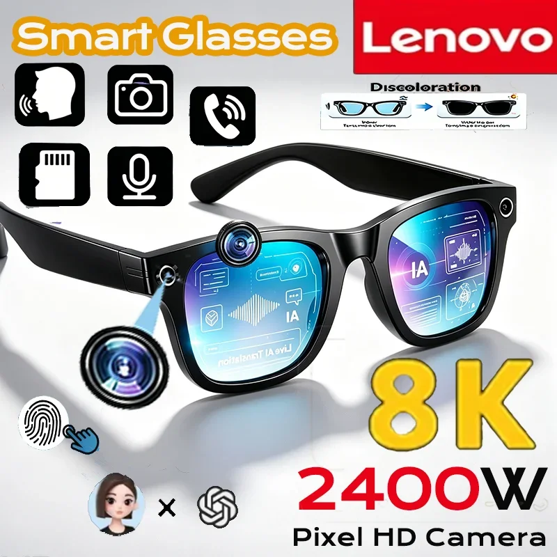 Lenovo AI Smart Glasses 8K Remote Touch Control Photo Camera Translation Recording Hands-Free Calling Music Motorcycle Glasses