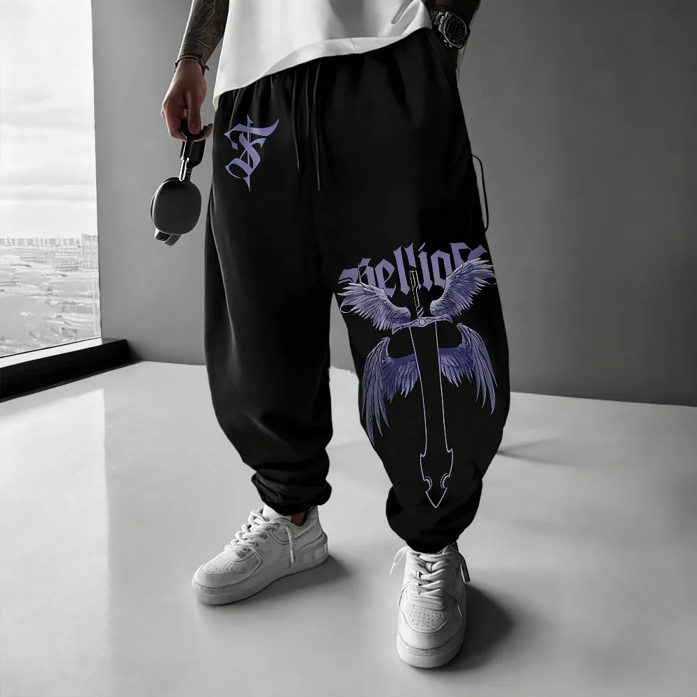 سولو التسوية أنيمي المطبوعة الرجال Sweatpants 2025 الخريف والشتاء جديد فضفاض عادية الأمريكية الهيب هوب سراويل قطنية نقية