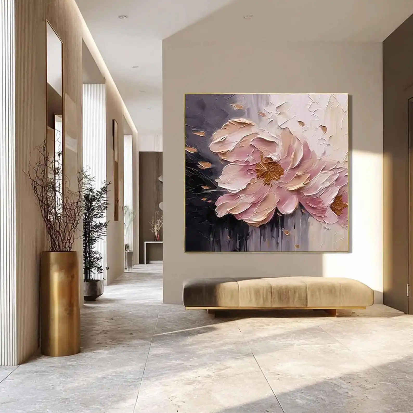Mhemyo 3D Pink Flower Impasto Abstract Hand Painted Oil Painting Textured Gray Gold Floral Artwork For Living Room or Home Decor