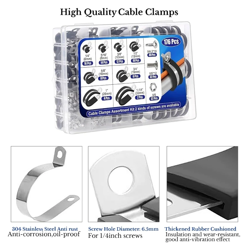 

176Pcs Cable Clamp Kits Stainless Steels Wire Clamp with Rubber Insulation