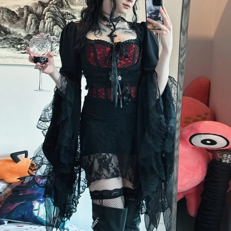 Gothic Vintage Smock Women Palace Style Hotsweet Dark Aesthetic Grunge Lace Patchwork Flare Sleeve Crop Tee Tops Female