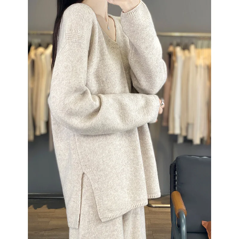 2-Piece Set Women's 100% Merino Wool V-neck Loose Large Knitted Sweater Set Casual Wide Leg Pants Mid Waist Elastic Waist Pants
