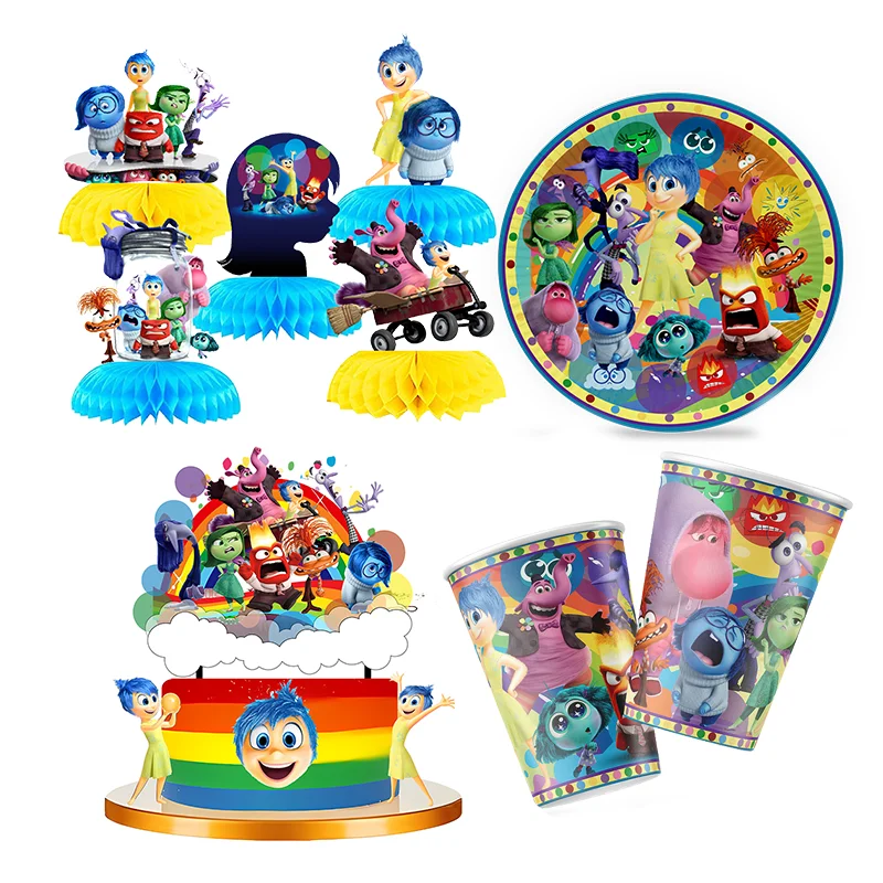 Inside Out Baby Shower Happy Birthday Party Decoration Brooch Children Spiral Straw Paper Cup Plate Honeycomb Sticker Cake Flag